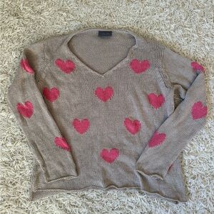 Wooden Ships Tan Sweater with Pink Hearts